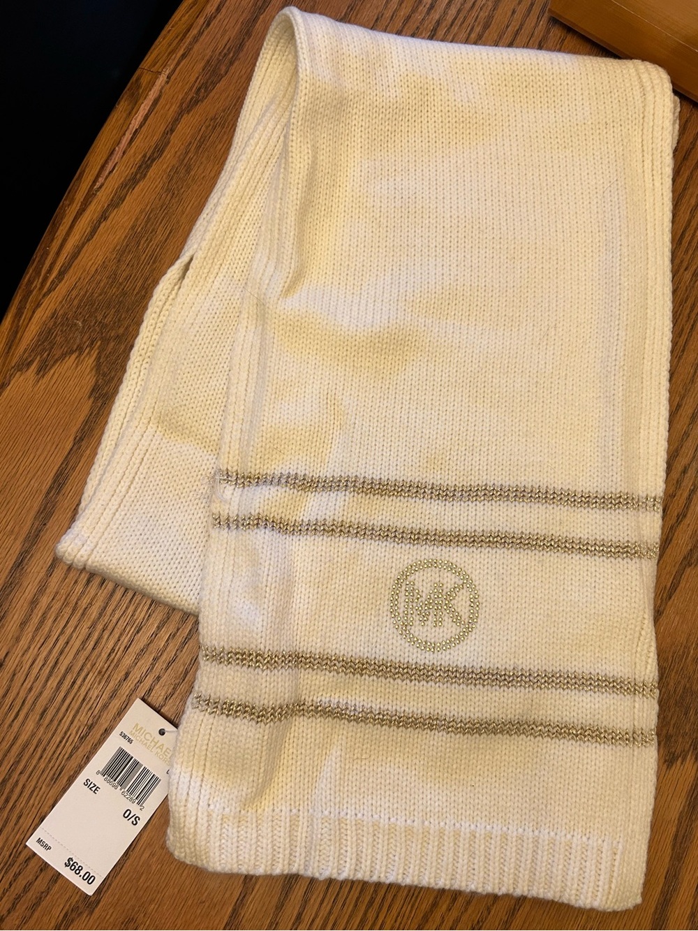 Michael Kors Cream Knit Logo Scarf with Metallic Stripes
